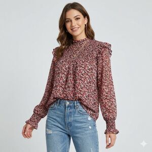 Charming Ditsy Floral Smocked Ruffle High-Neck Blouse - Long Sleeve Cottagecore